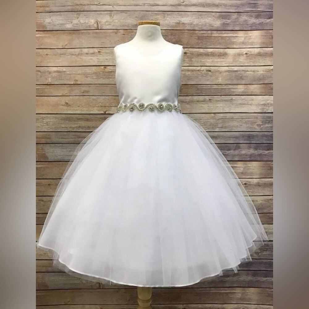Formal Girls White Tulle Dress Size 12 with  Silver Waist Detail